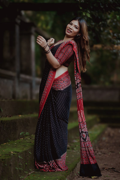 Black & Red Ajrakh Printed Modal silk saree