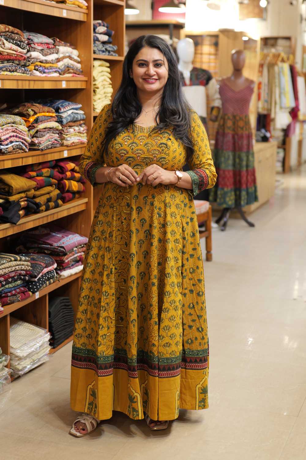 Yellow Ajrakh Panel Anarkali