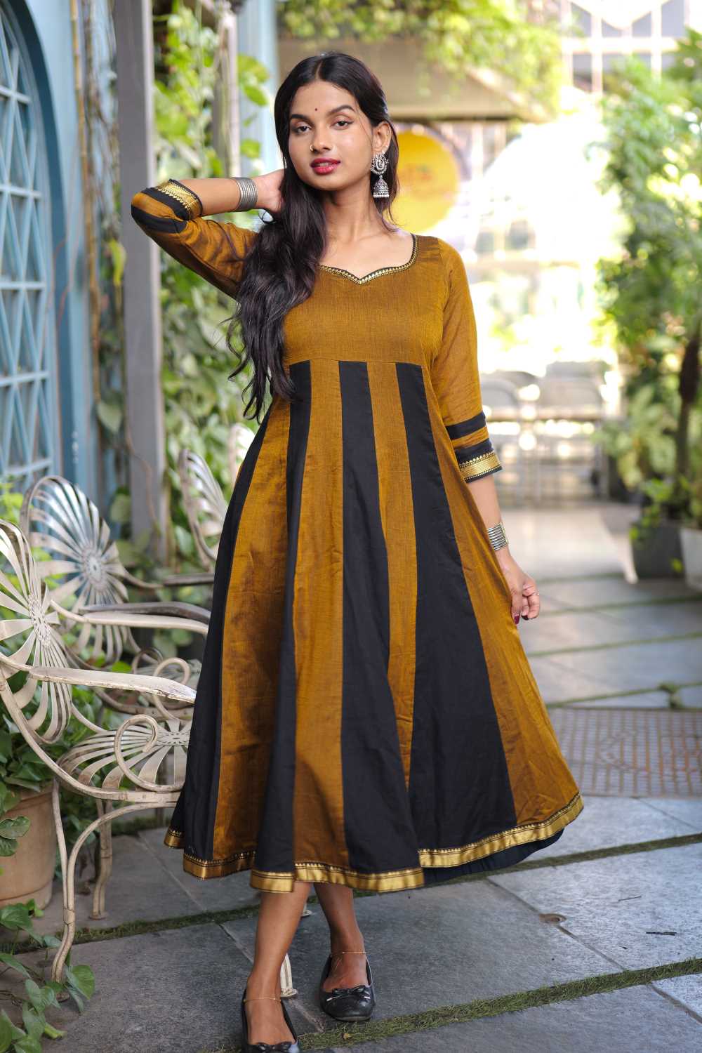Mustard Yellow & Black Panel Anarkali