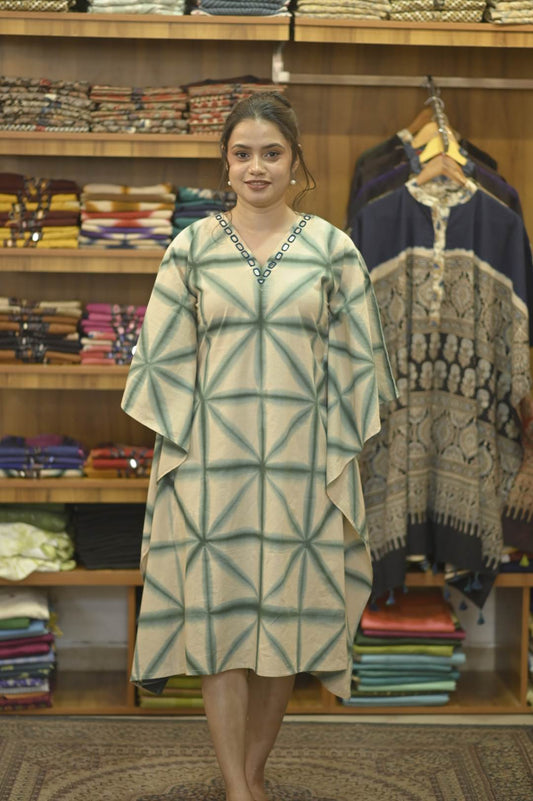 Beige Twingle Bottle Green Pattern & Mirror work Neck Kaftan