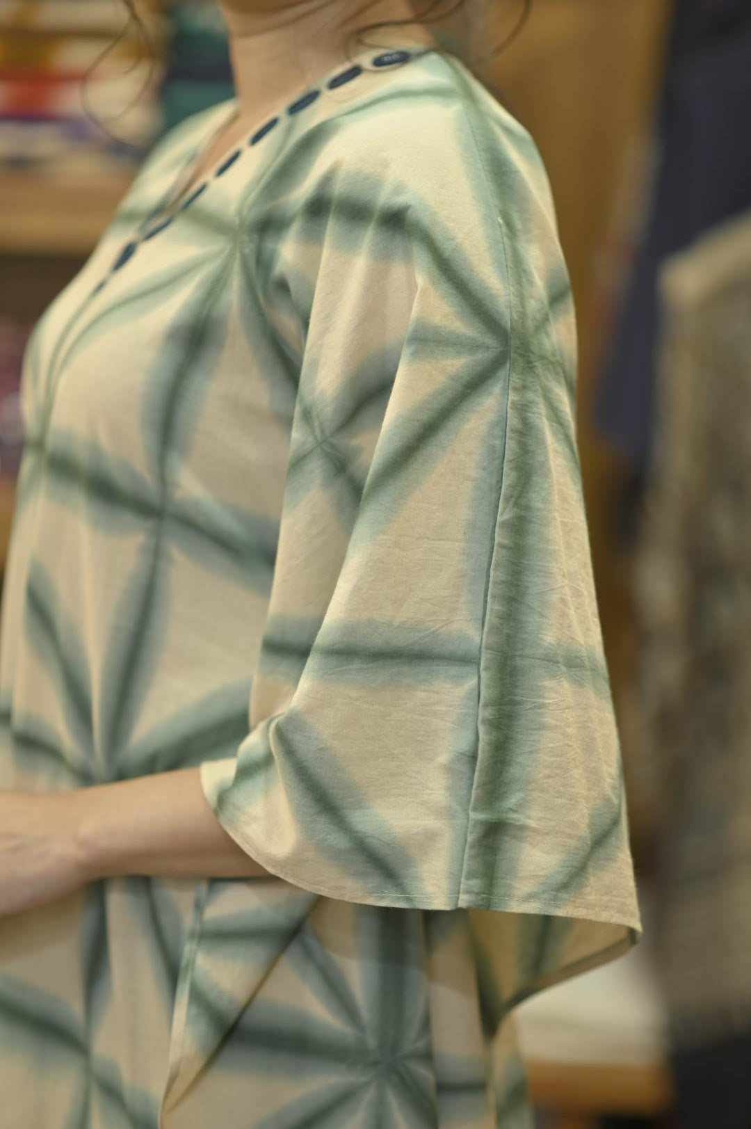 Beige Twingle Bottle Green Pattern & Mirror work Neck Kaftan