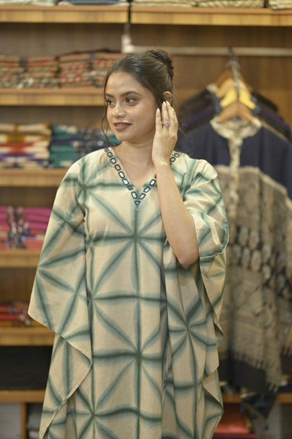 Beige Twingle Bottle Green Pattern & Mirror work Neck Kaftan