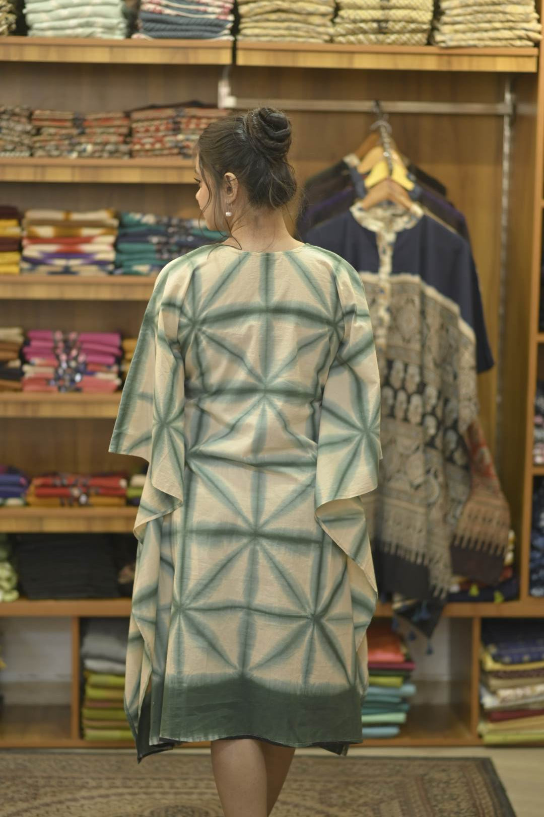Beige Twingle Bottle Green Pattern & Mirror work Neck Kaftan