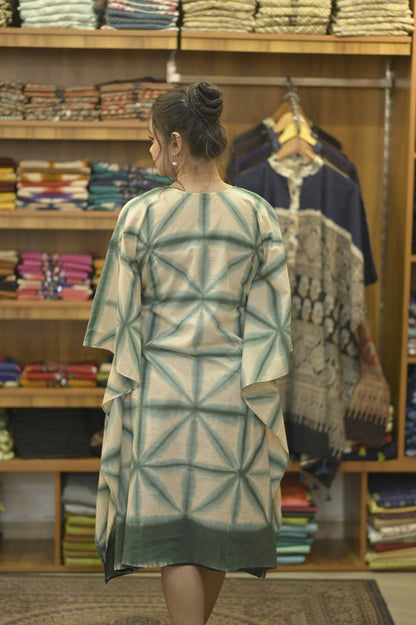 Beige Twingle Bottle Green Pattern & Mirror work Neck Kaftan