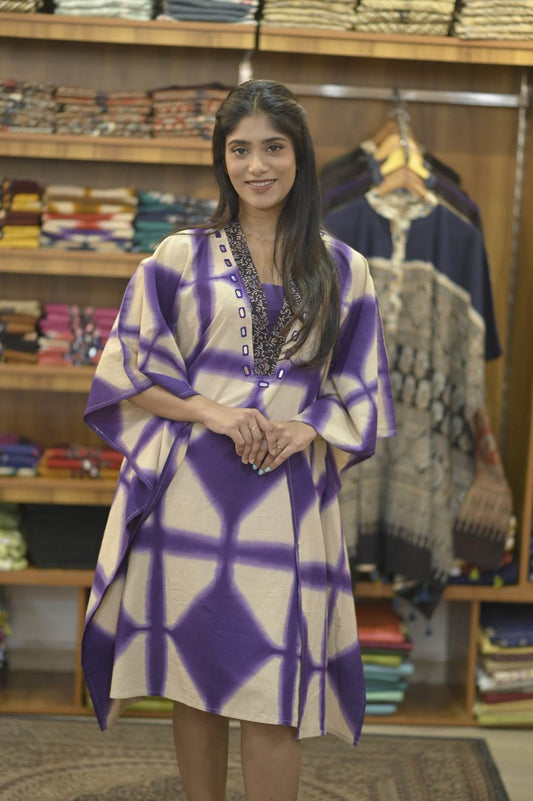 Beige Purple Diamond Pattern & Mirror work Neck Kaftan