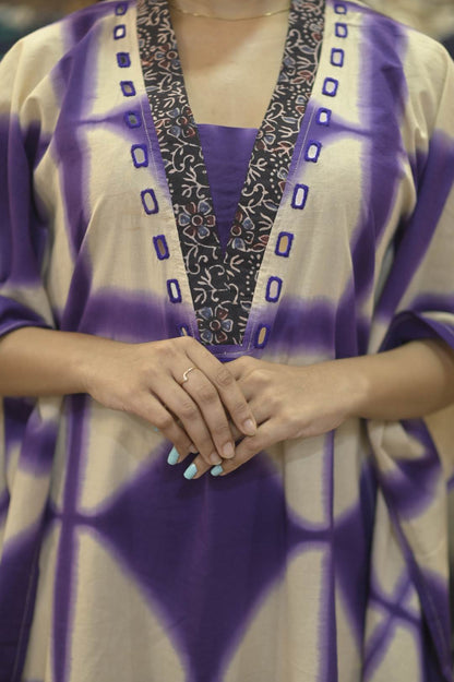 Beige Purple Diamond Pattern & Mirror work Neck Kaftan