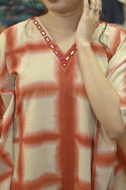 Beige Red Square Pattern & Mirror Work Neck Kaftan