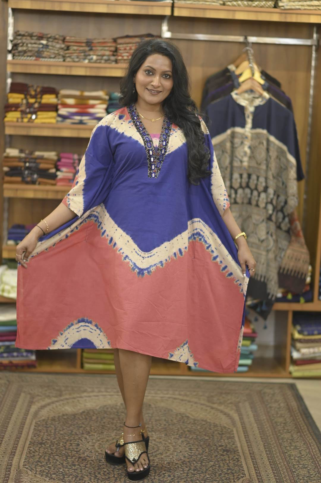 Pink Blue Pattern & Ajrakh Mirror work Neck Kaftan