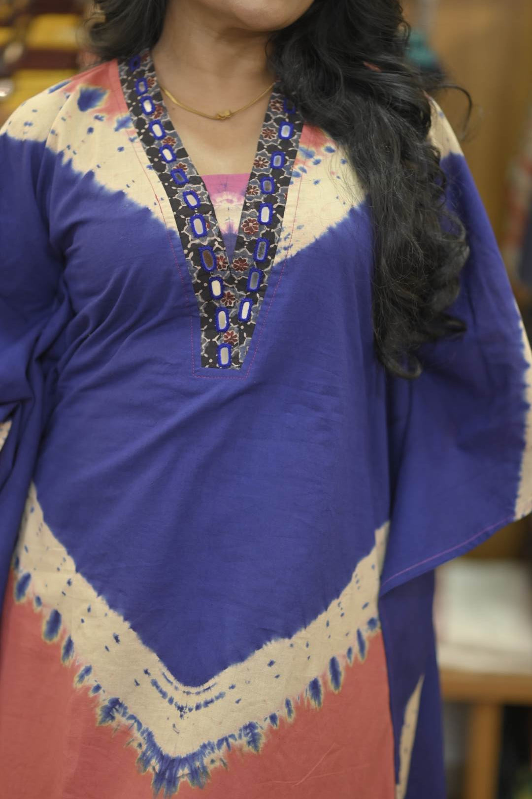 Pink Blue Pattern & Ajrakh Mirror work Neck Kaftan