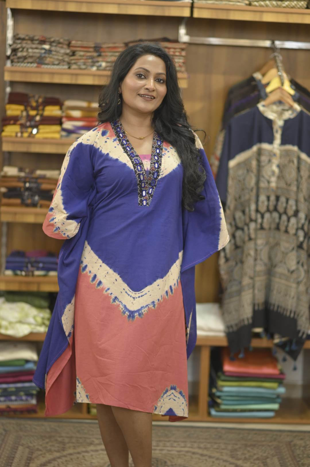 Pink Blue Pattern & Ajrakh Mirror work Neck Kaftan