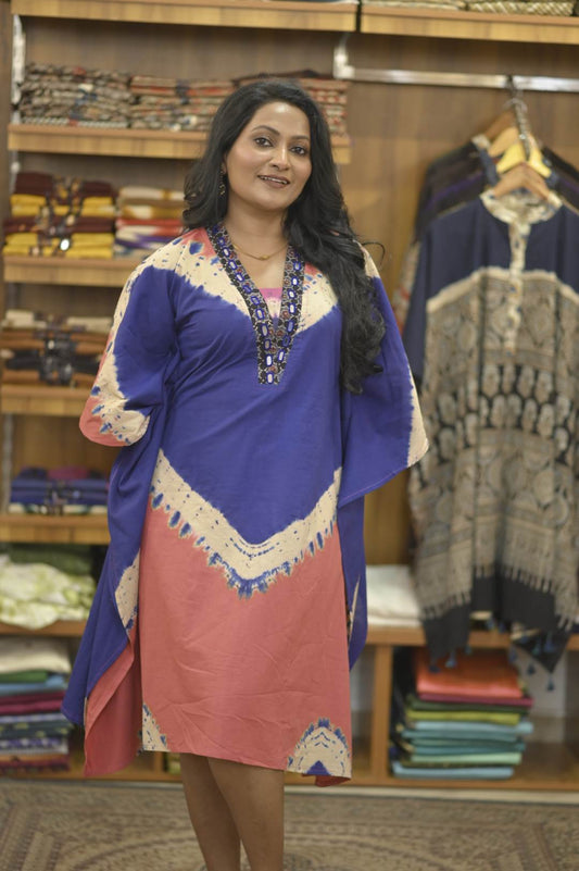 Pink Blue Pattern & Ajrakh Mirror work Neck Kaftan