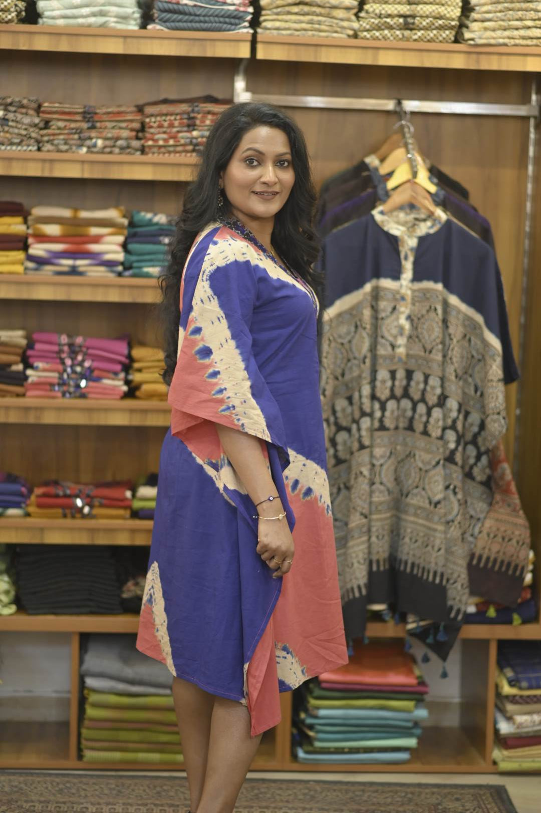 Pink Blue Pattern & Ajrakh Mirror work Neck Kaftan