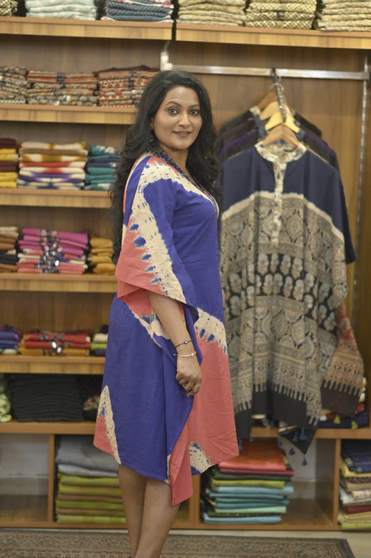 Pink Blue Pattern & Ajrakh Mirror work Neck Kaftan