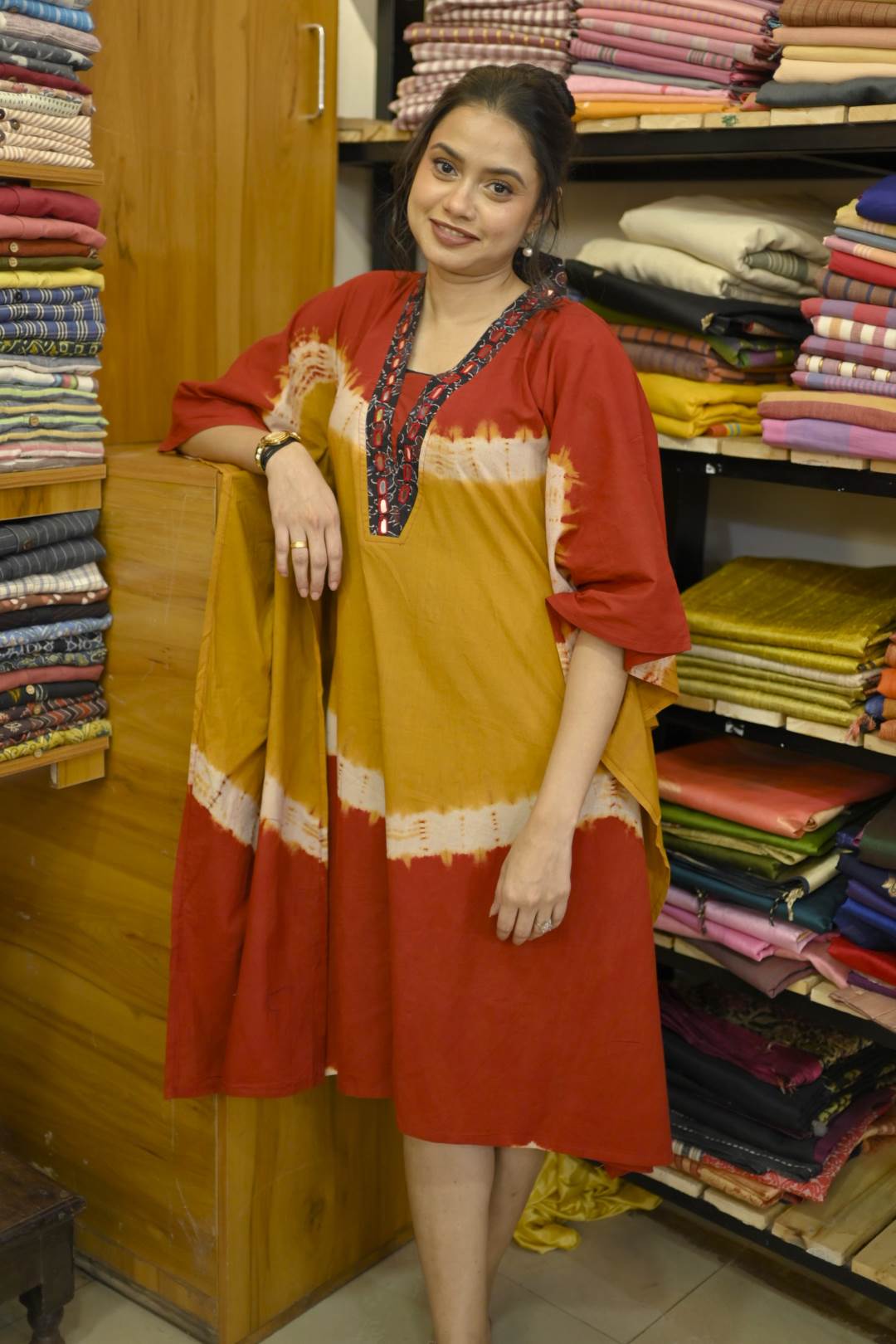 Red & Mustard Yellow Ajrakh Mirror work Kaftan