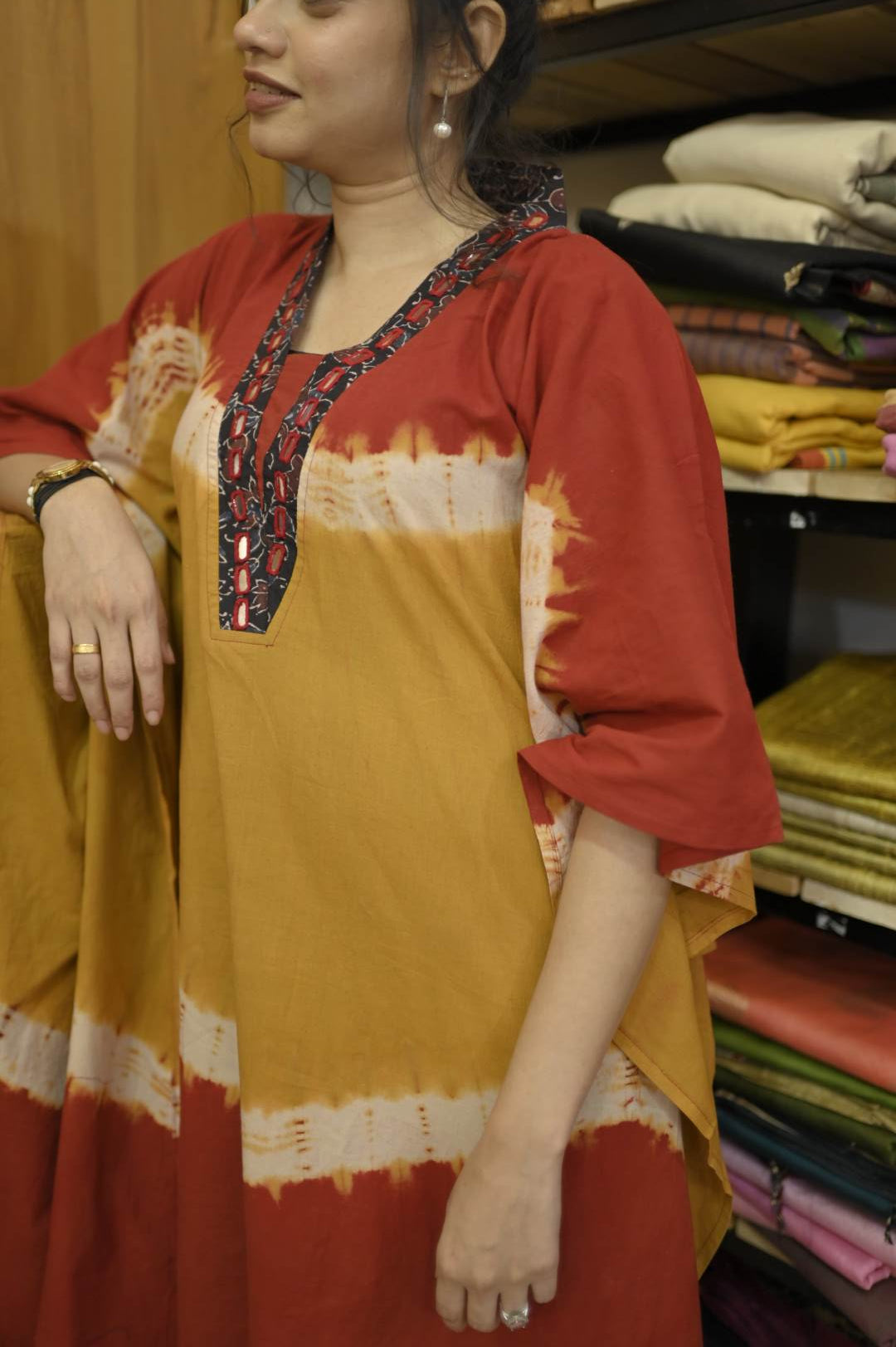 Red & Mustard Yellow Ajrakh Mirror work Kaftan