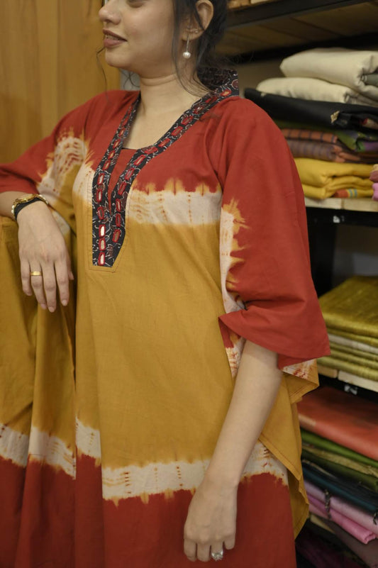 Red & Mustard Yellow Ajrakh Mirror work Kaftan