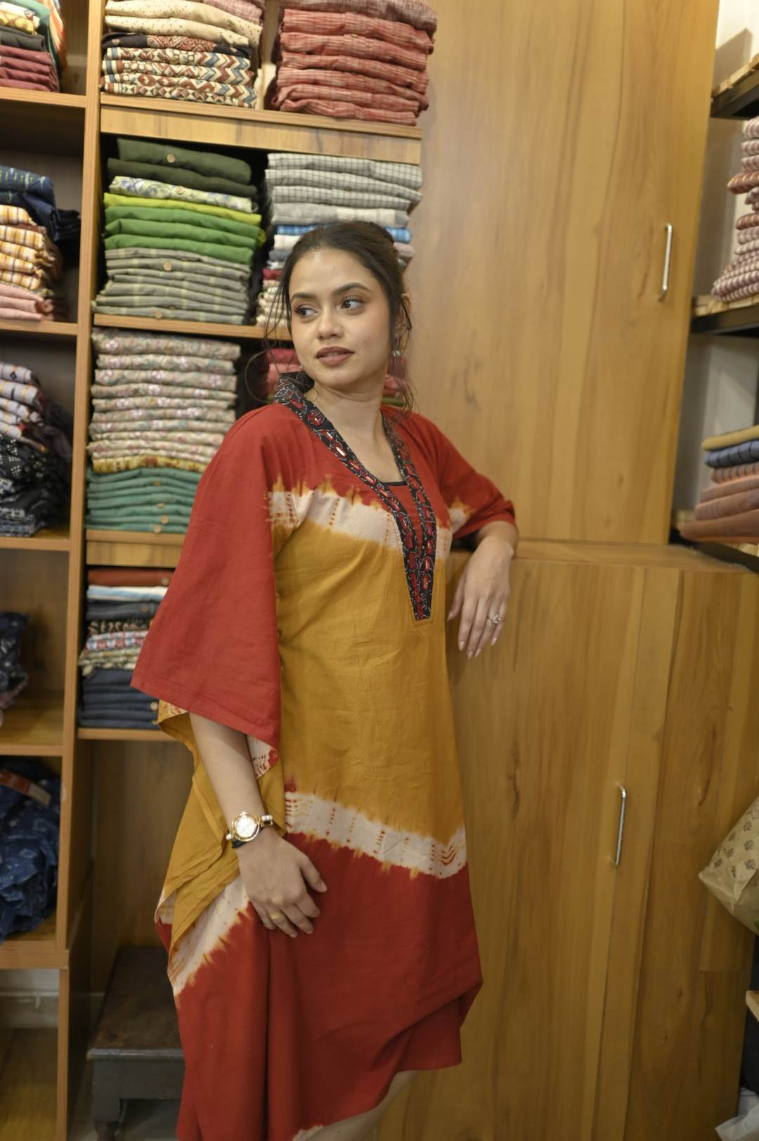 Red & Mustard Yellow Ajrakh Mirror work Kaftan