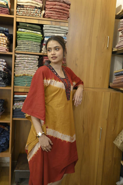 Red & Mustard Yellow Ajrakh Mirror work Kaftan