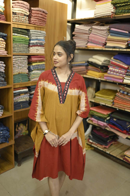 Red & Mustard Yellow Ajrakh Mirror work Kaftan