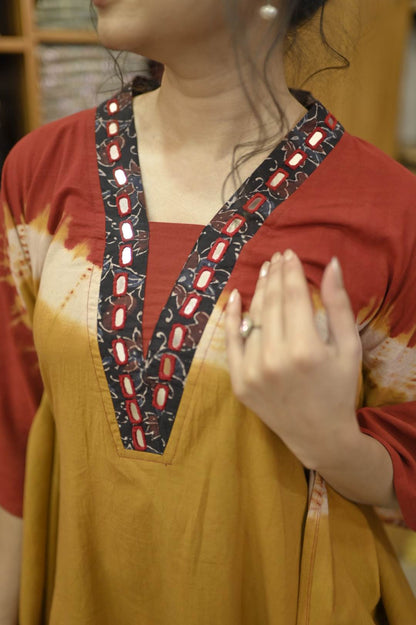 Red & Mustard Yellow Ajrakh Mirror work Kaftan