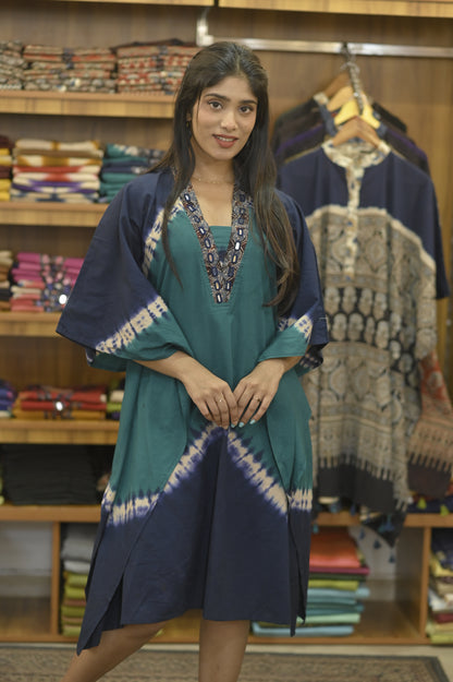 Peacock & Green Blue Pattern & Ajrakh Mirror work Kaftan