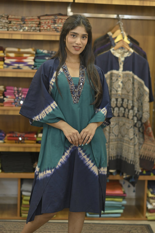 Peacock & Green Blue Pattern & Ajrakh Mirror work Kaftan