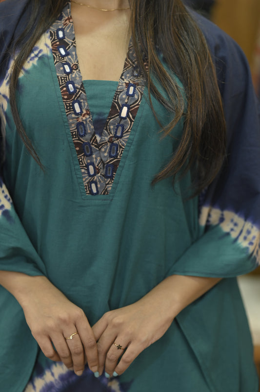 Peacock & Green Blue Pattern & Ajrakh Mirror work Kaftan