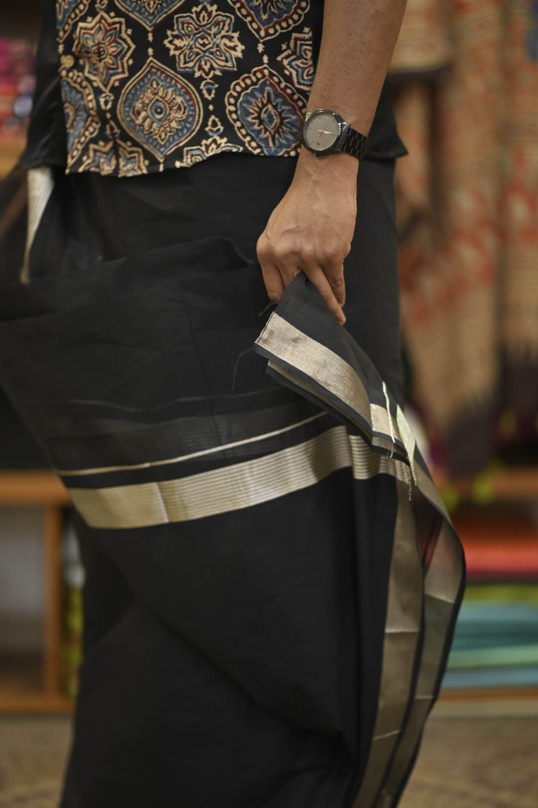 Black handloom dhothi with Silver Stripe Border