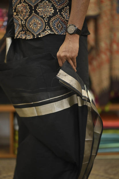 Black handloom dhothi with Silver Stripe Border