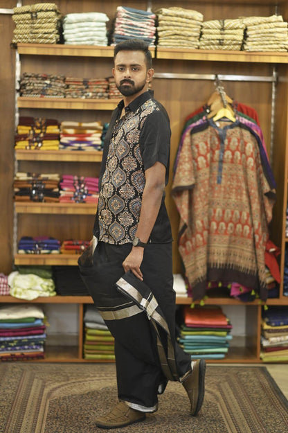 Black handloom dhothi with Silver Stripe Border