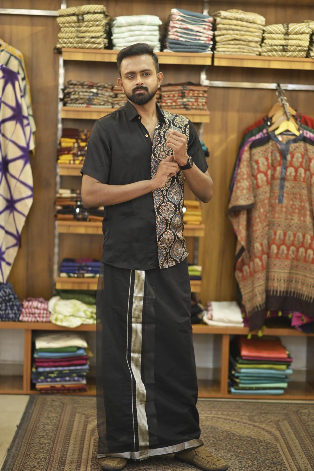 Black handloom dhothi with Silver Stripe Border