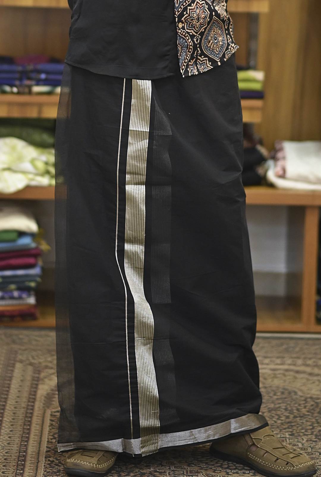 Black handloom dhothi with Silver Stripe Border