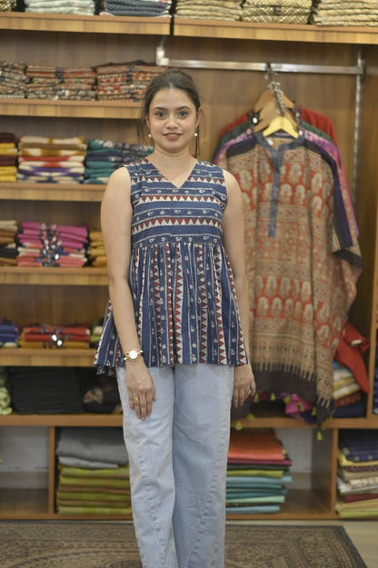 Blue Base Ajrakh Short Top