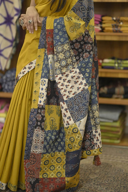 Mustard Yellow Base Saree with Multi Patch Pallu