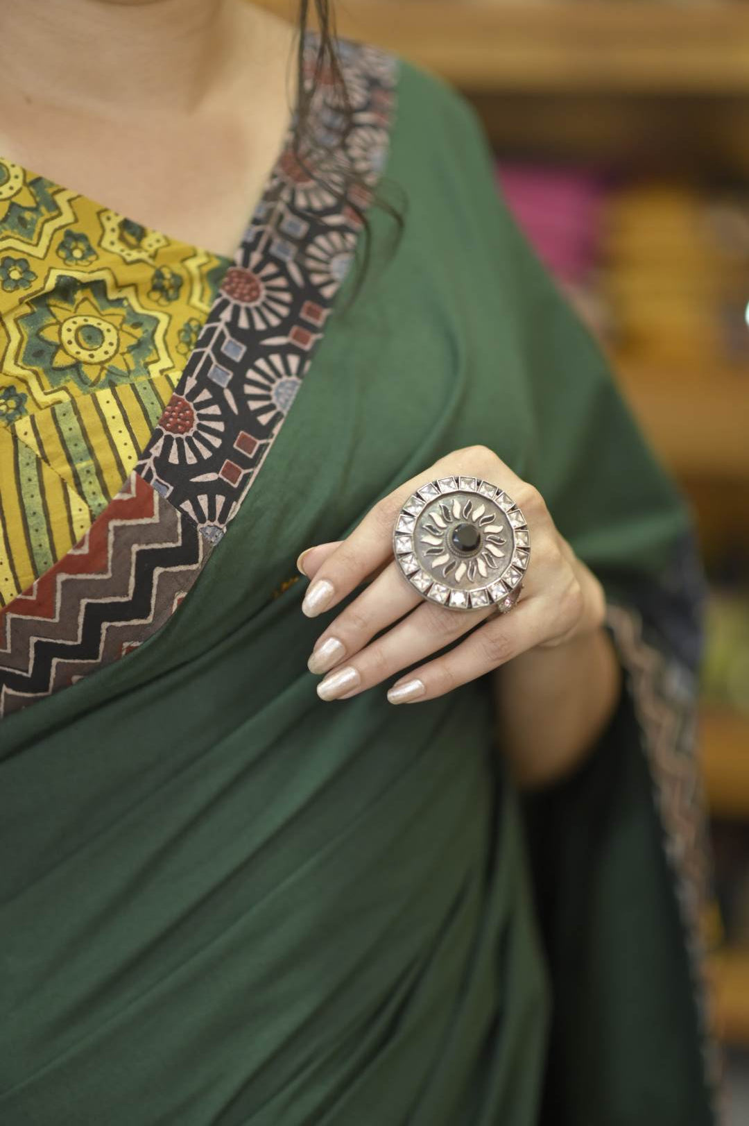 Bottle Green Base Saree with Multi Patch Pallu