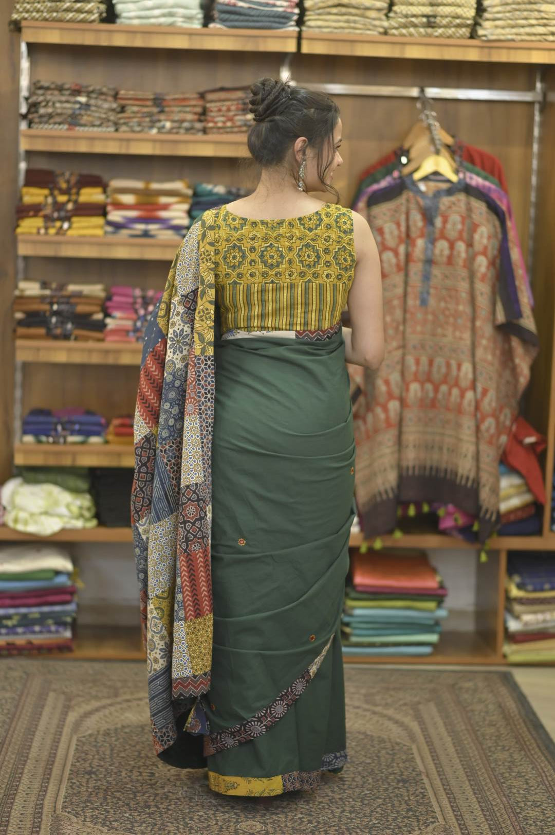 Bottle Green Base Saree with Multi Patch Pallu