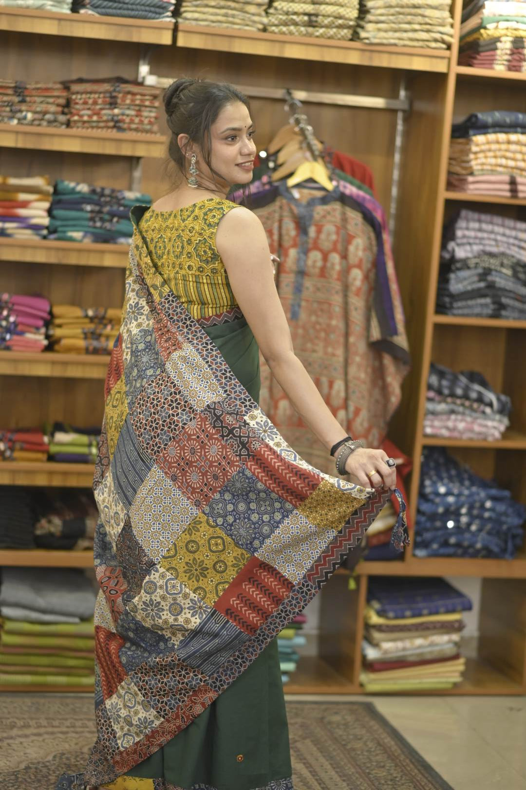 Bottle Green Base Saree with Multi Patch Pallu