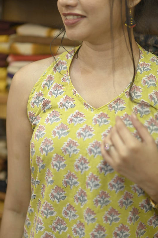 Lemon Yellow Base Halter Neck Short Kurti