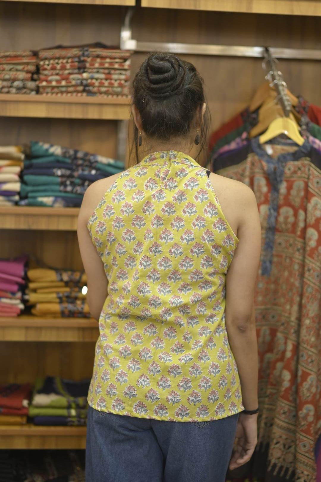 Lemon Yellow Base Halter Neck Short Kurti