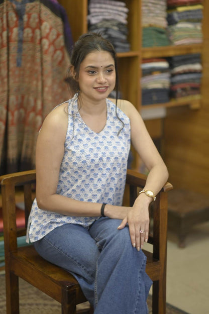 White Base Blue Print Halter Neck Short Kurti