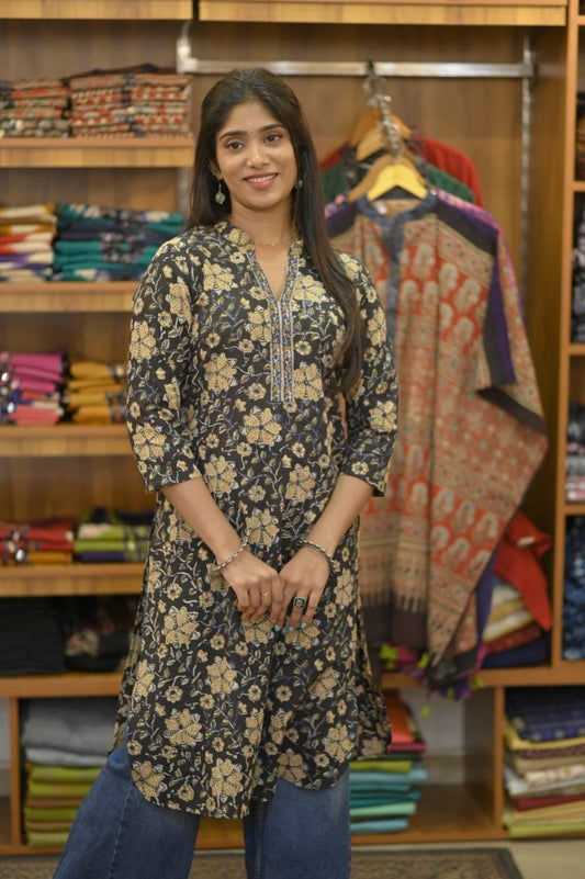 Black Slitted Kurti with Yellow & Blue Floral Print