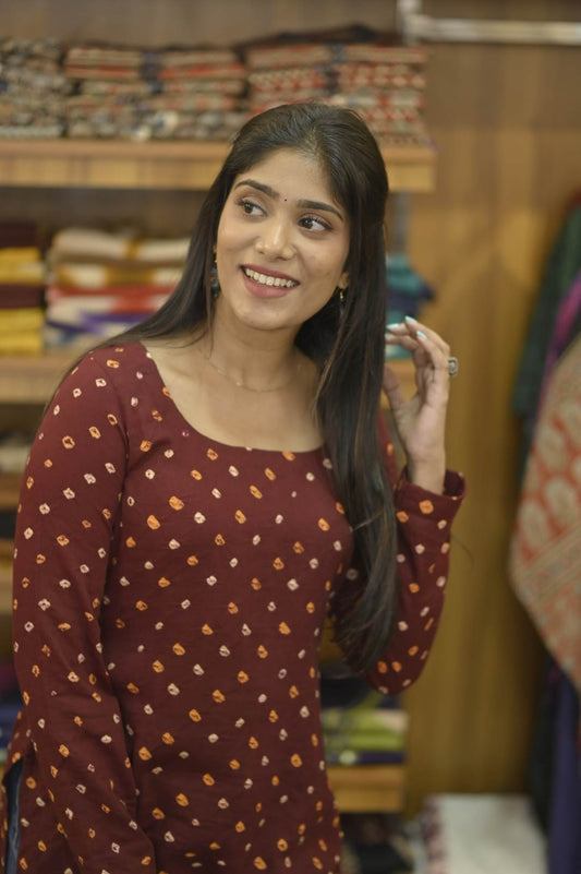 Maroon Bandhini Slitted Short Kurti