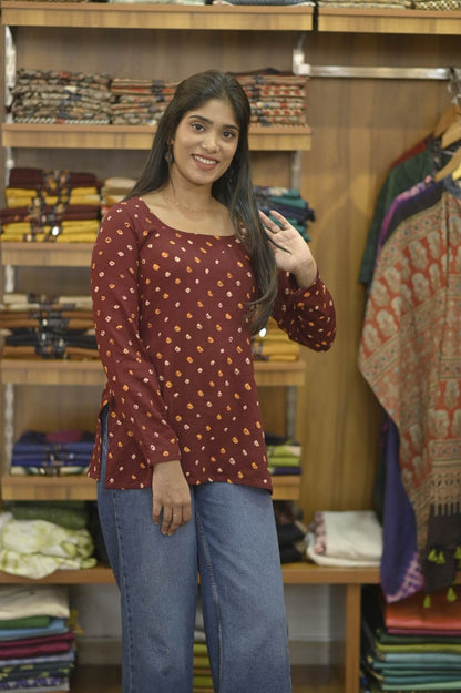 Maroon Bandhini Slitted Short Kurti