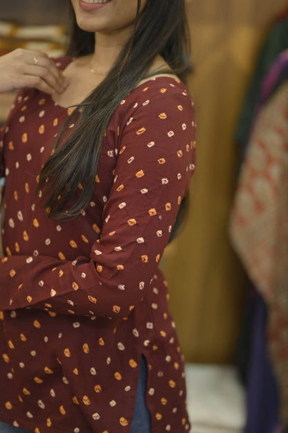 Maroon Bandhini Slitted Short Kurti