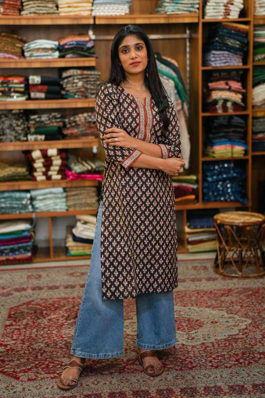 Black 3 Leaf Print Kurti