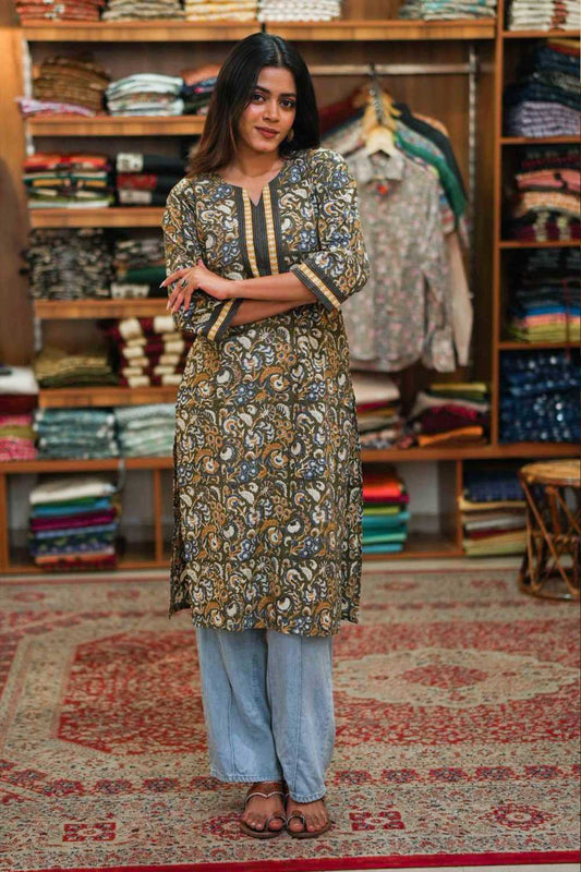 Green Base Mustard Kalamkari Yellow Kurti