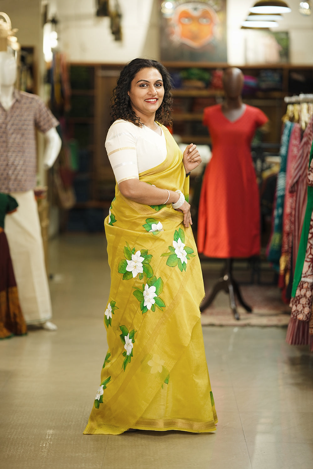 Yellow Handpainted Mantharam Saree