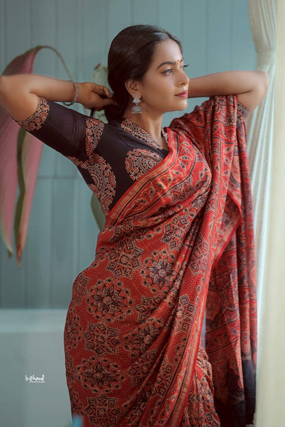 Ajrakh Printed Red Chanderi Silk Saree