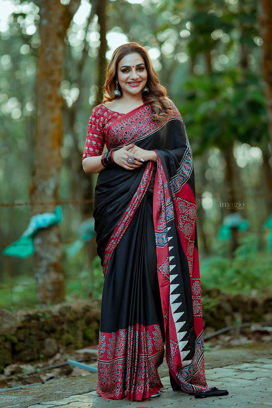 Modal silk Plain Black Body and Red Ajrkh Printed Saree