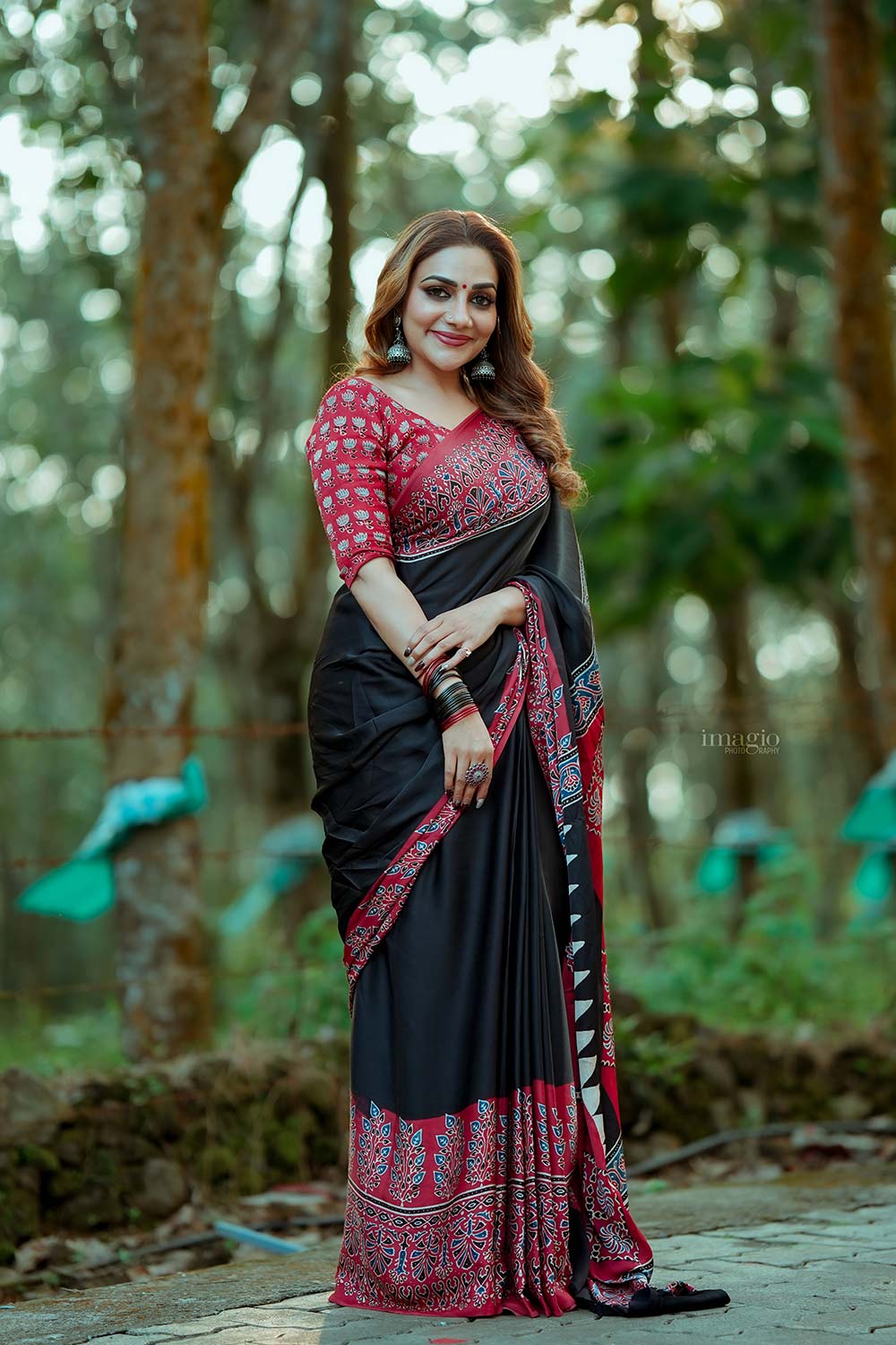 Modal silk Plain Black Body and Red Ajrkh Printed Saree